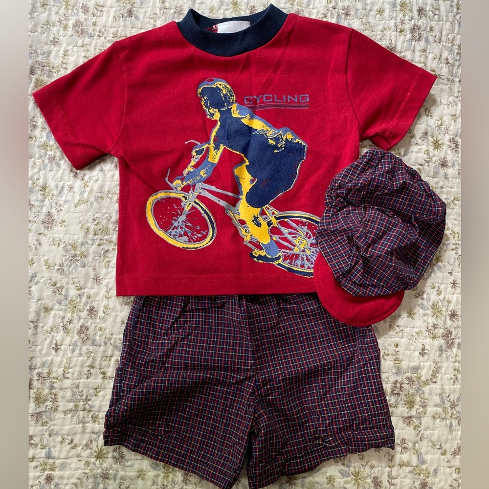 Red Cycling Graphic Tee and Plaid Shorts Set